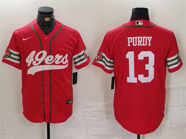 Men's San Francisco 49ers #13 Brock Purdy Red With Patch Cool Base Stitched Baseball Jersey Men's San Francisco 49ers #13 Brock Purdy Red With Patch Cool Base Stitched Baseball Jersey